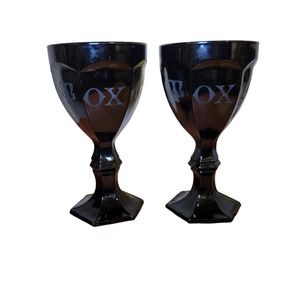 Lot of 2 Black Thick Glass Wine Drink Goblet Chalice Etched Toxic